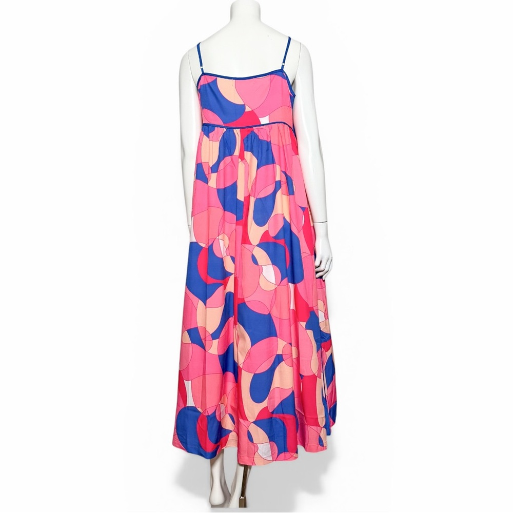 Pink Blue Geometric Resort Maxi Dress Empire Waist Vacation L Pants Store - Picture 7 of 9